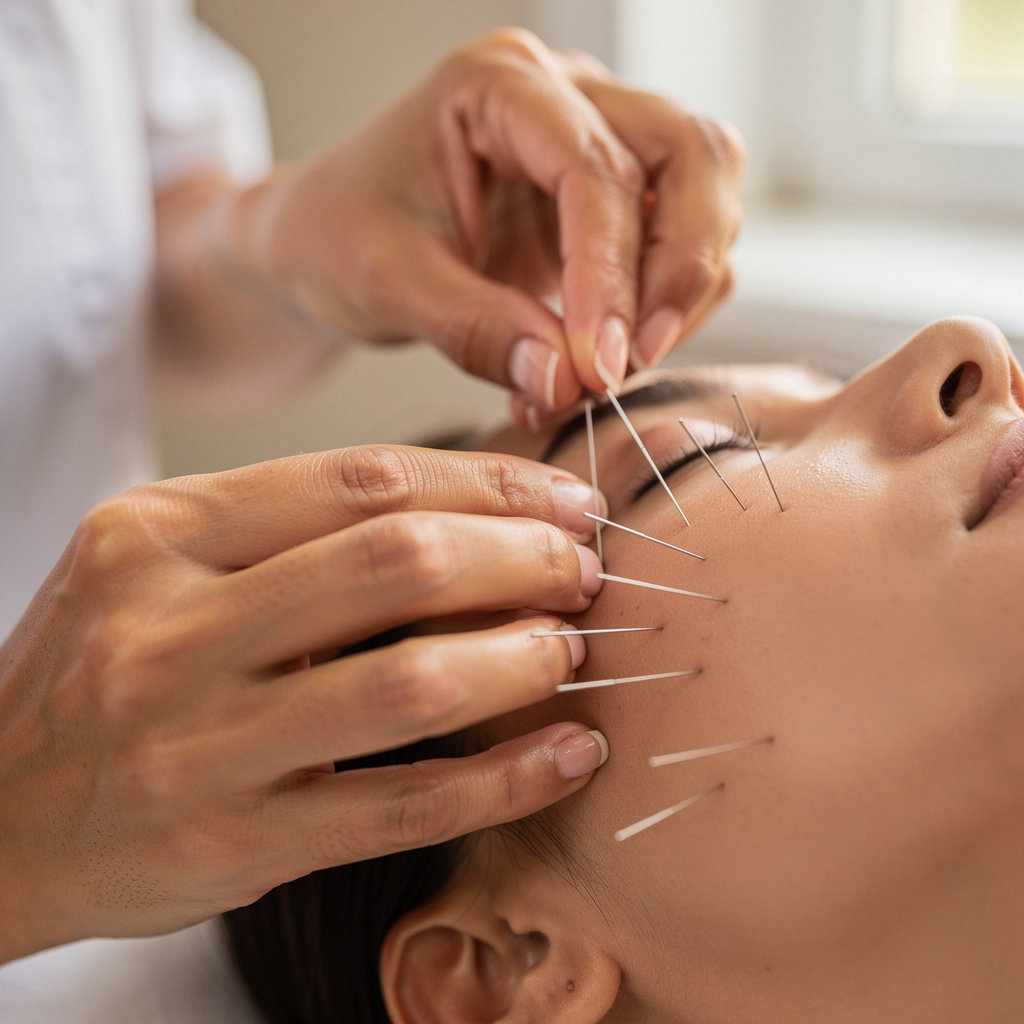 Patricia Pilot, LAC performing a cosmetic acupuncture facial treatment for skin rejuvenation in Santa Barbara